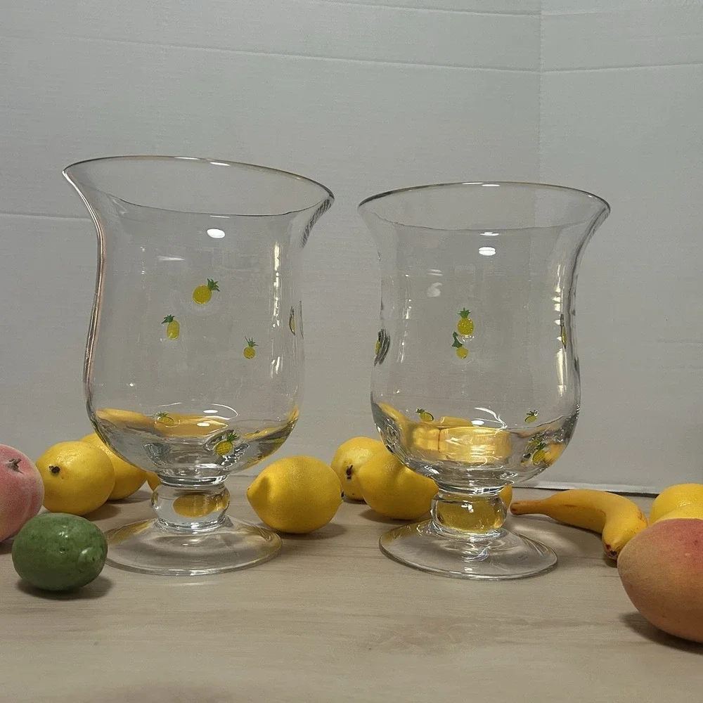 Anthropologie Penelope Hand Blown Glass Pineapple Icon Vase Hurricane Set Of 2